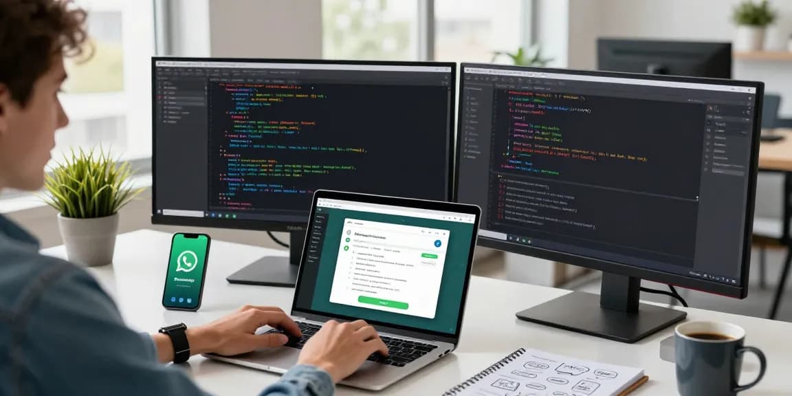 Person using WhatsApp網頁版 on laptop in a modern tech workspace.