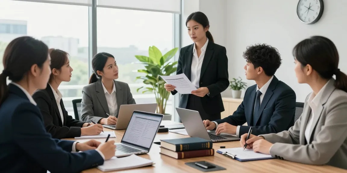 Legal team discussing strategies in a modern law office after made a post on their latest case updates.