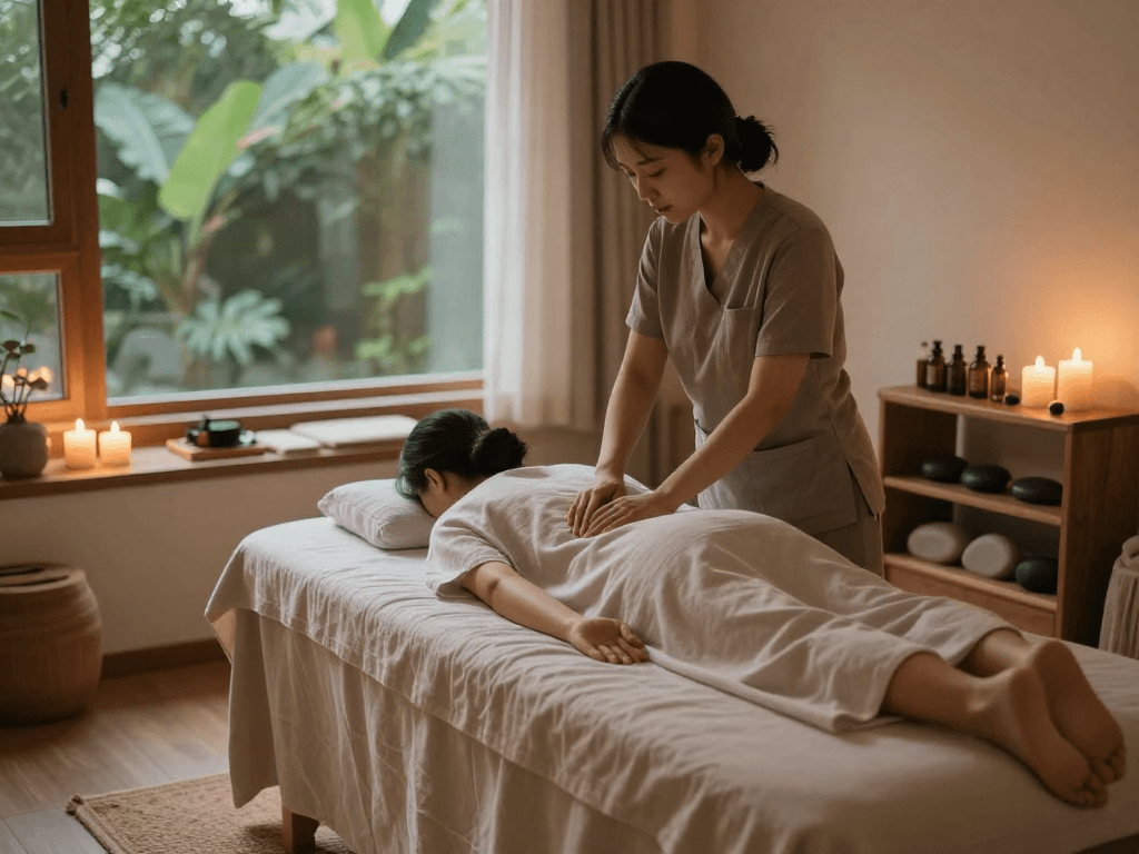 Relaxing 강서구출장안마 therapy session in a tranquil massage studio with soft lighting and soothing elements.