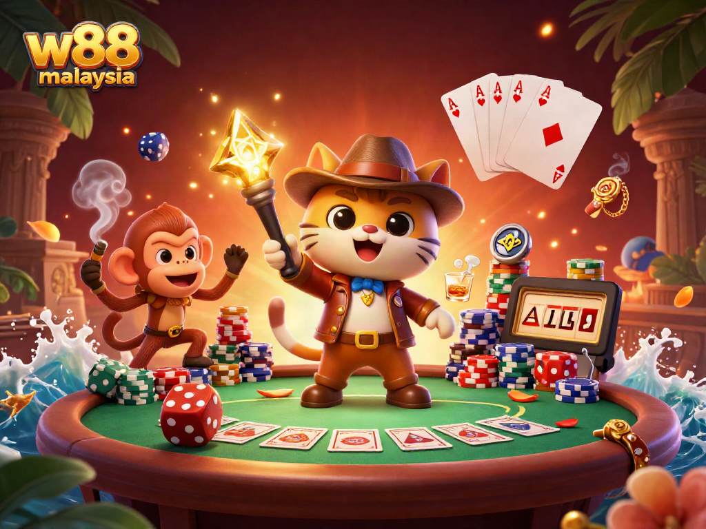 Engage with w88 malaysia's vibrant gambling scene featuring an explorer and monkey in a casino temple