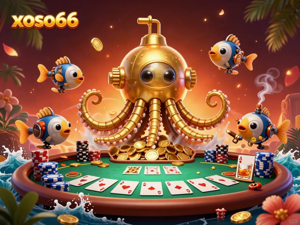 Experience thrilling gaming with xoso66 in a vibrant sea of golden coins, poker elements, and dynamic characters.