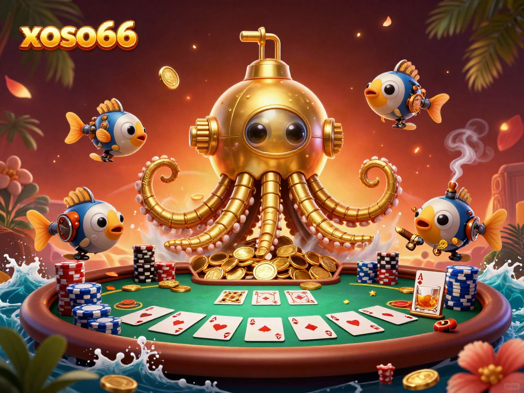 Experience thrilling gaming with xoso66 in a vibrant sea of golden coins, poker elements, and dynamic characters.