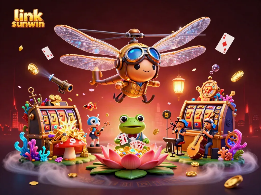 Experience the exciting dynamics of link sunwin with vibrant casino elements in a 3D illustrative scene filled with action.