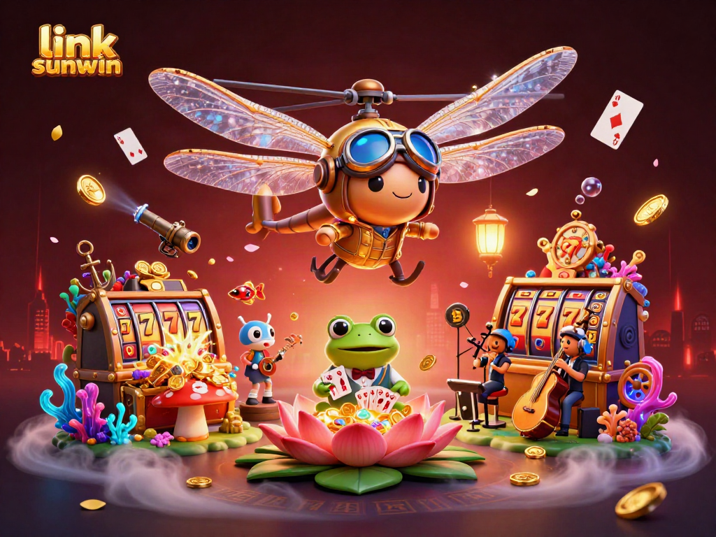 Experience the exciting dynamics of link sunwin with vibrant casino elements in a 3D illustrative scene filled with action.