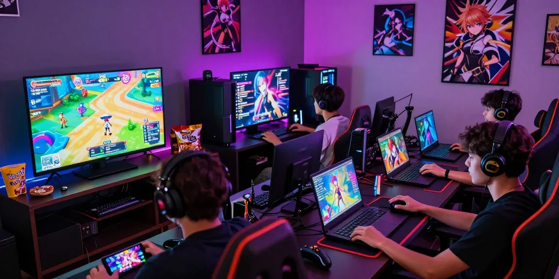 Gamers enjoying an ecchi game experience in a vibrant gaming room.