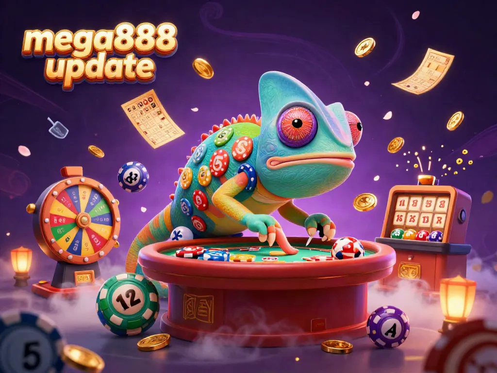 Mega888 update illustrated with a colorful 3D chameleon casino owner attracting coins and lottery balls