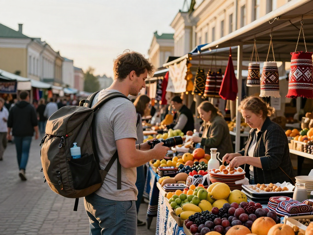 Pengunjung di pasar Rusia dengan https://payinrussia.com/ mengenakan pakaian kasual menikmati kerajinan tempatan.