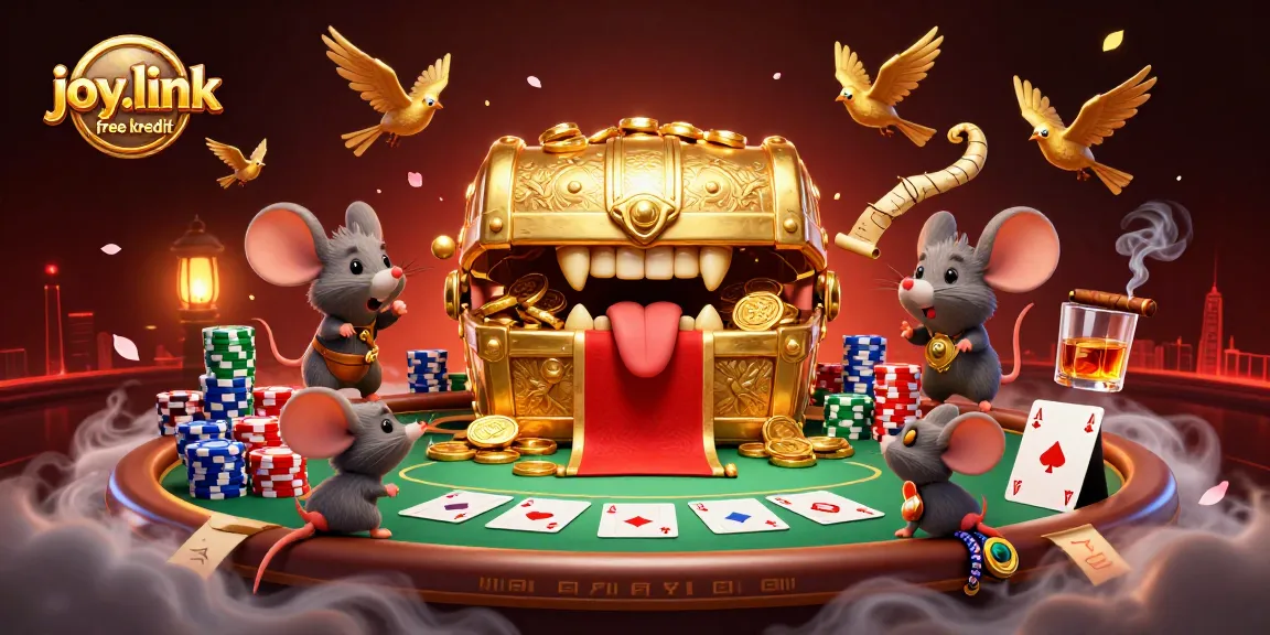 Engage with joy.link free kredit as adventurer mice are attracted by a treasure chest in a vibrant casino.