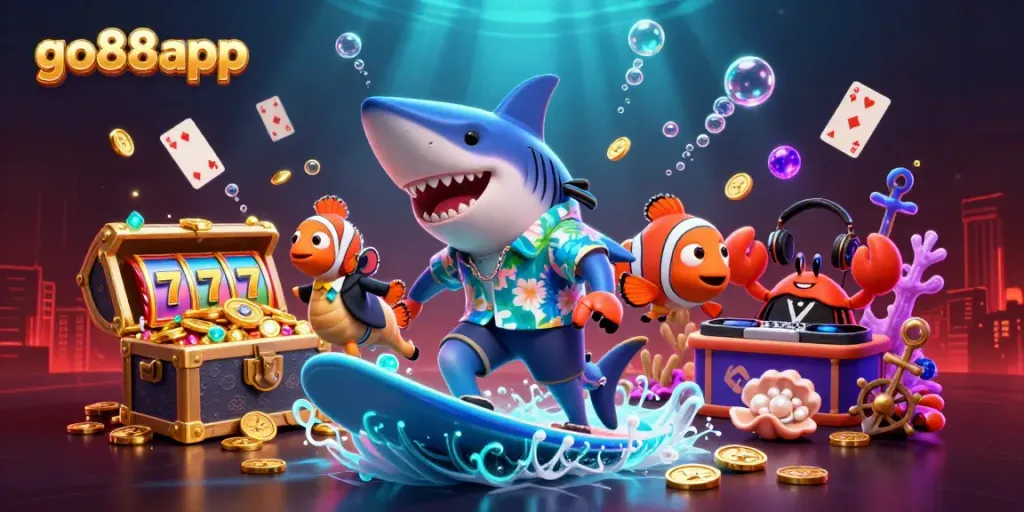 Engage with go88app as you surf through a vivid scene of gold coins and slot elements!