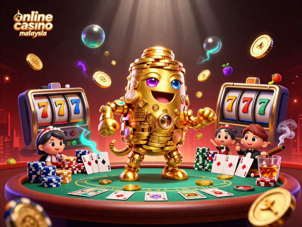 Engage with premium games at online casino Malaysia, featuring a dynamic 3D golden golem and vibrant poker scene.