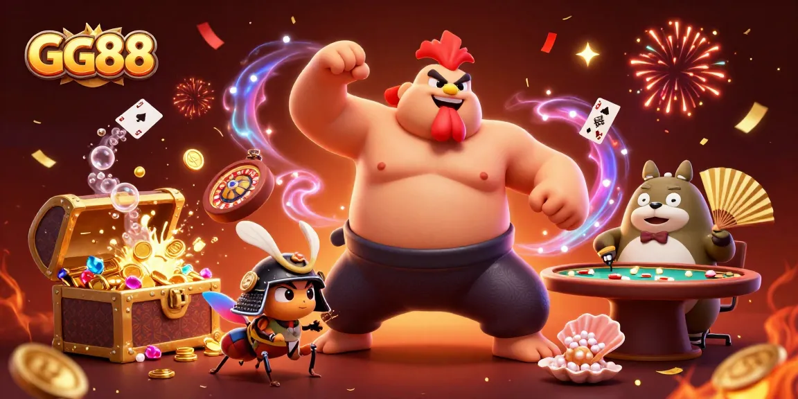 Engage in exciting gameplay at GG88 with 3D sumo wrestler, cricket, and tanuki amidst game elements.