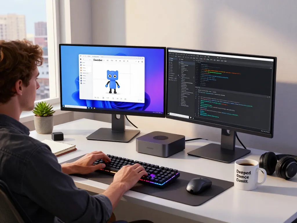 Developer using Clawdbot mac on a modern workspace with dual screens