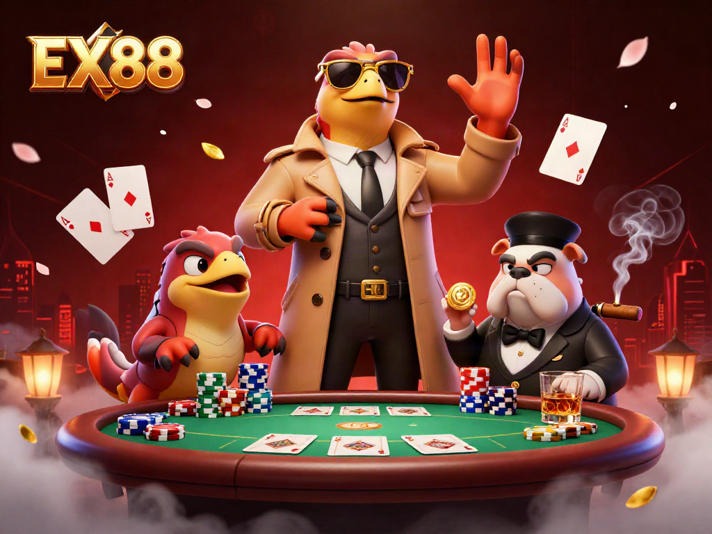 Play poker with EX 88 in a lively scene featuring raptors and a bulldog bouncer.