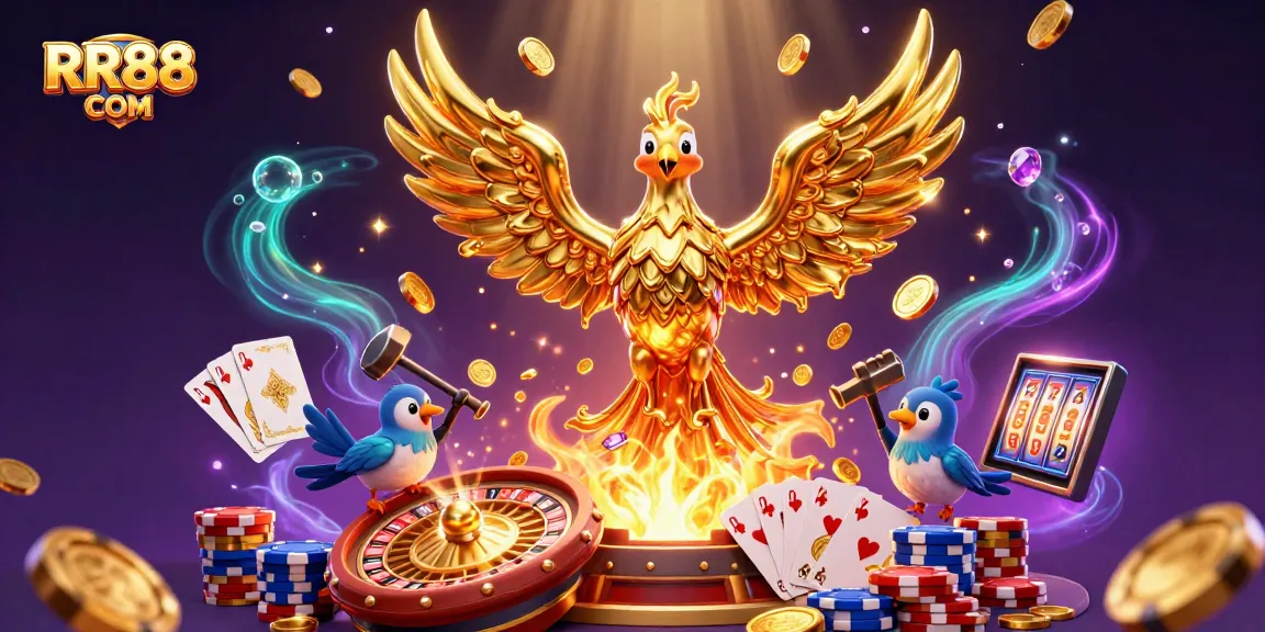 Experience the excitement of RR88 COM with golden phoenix and rich casino elements in a vibrant 3D scene.