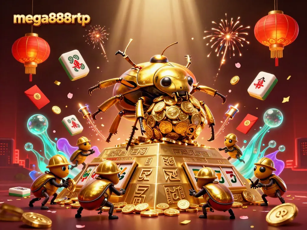 Experience dynamic mega888rtp gameplay with 3D cartoon beetles and golden coin pyramids