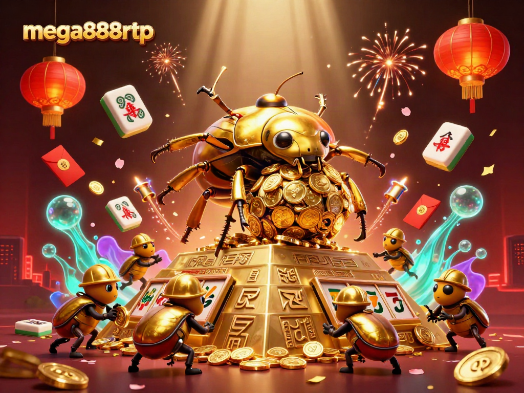Experience dynamic mega888rtp gameplay with 3D cartoon beetles and golden coin pyramids