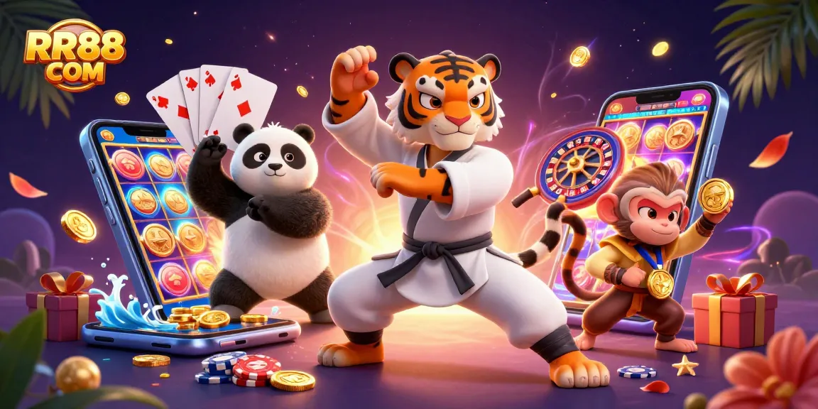 Engage in thrilling gameplay at RR88 COM with a kung fu tiger, a panda, and a monkey amidst luxurious casino elements.