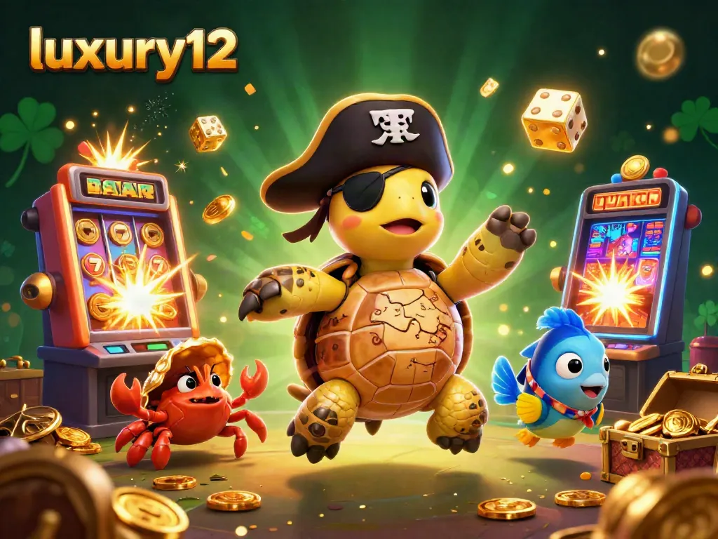 Experience thrilling action at luxury12 with a vibrant 3D casino illustration showcasing slots and treasures.