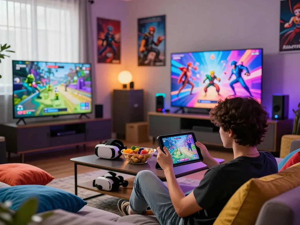 Engaged player enjoying gay porn games on a tablet in a cozy living room atmosphere.