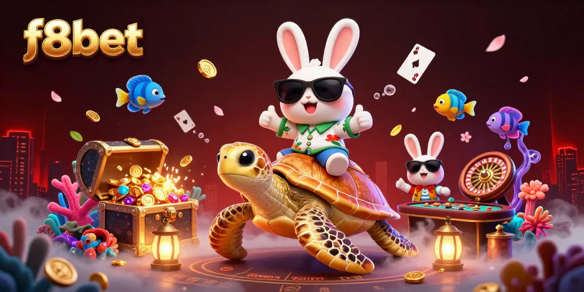 Engage with f8bet's thrilling casino scene featuring a lucky rabbit and golden turtle amidst vibrant game elements.