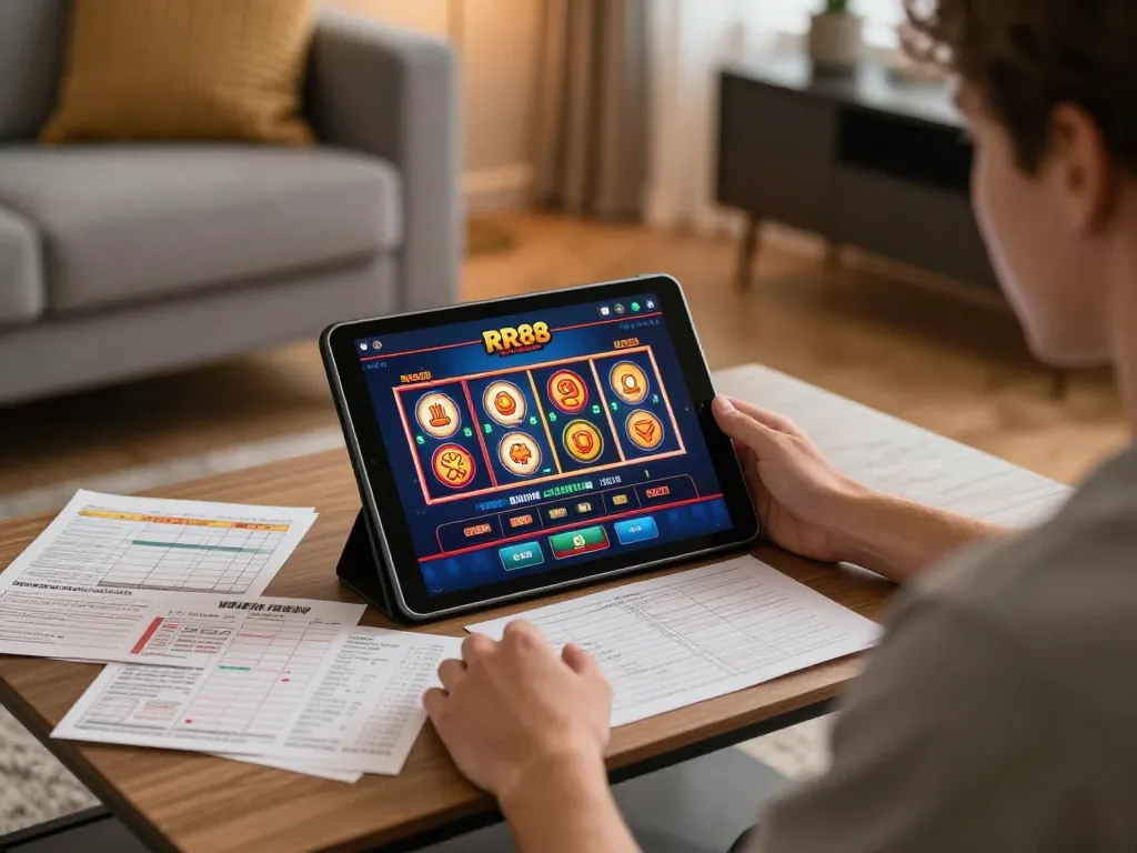 Player enjoying RR88 online casino games on tablet in a cozy home setting.