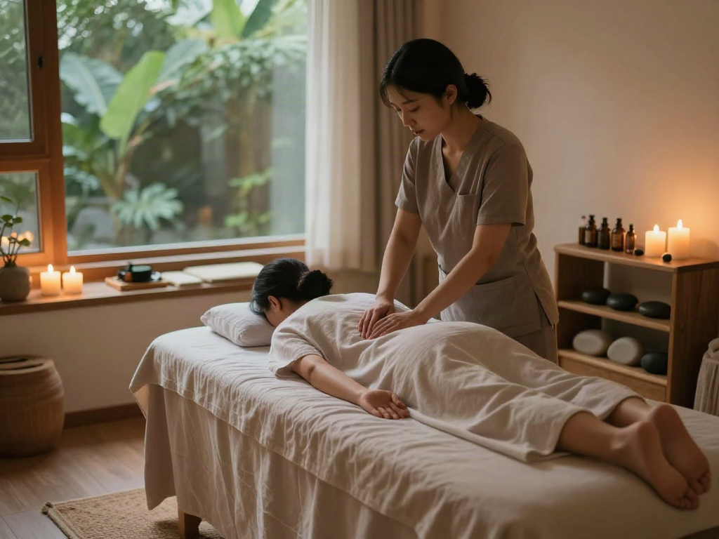 Relaxing 강서구출장안마 therapy session in a tranquil massage studio with soft lighting and soothing elements.