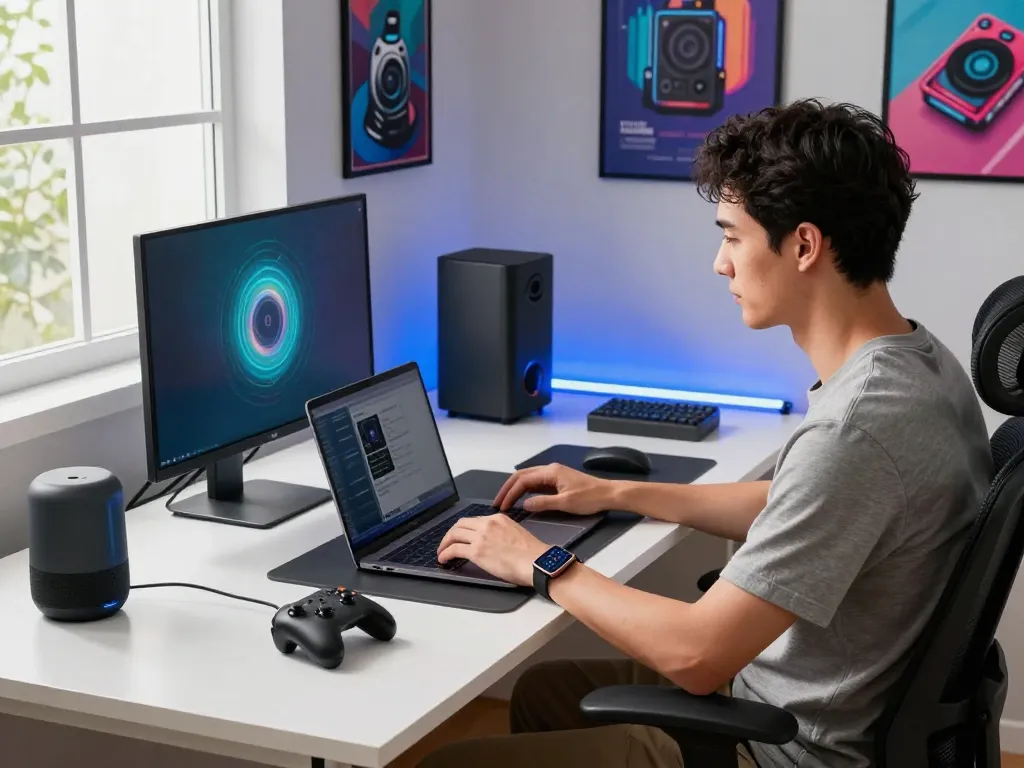Workspace featuring top 10 tech gadgets 2080, showcasing Bluetooth devices in a modern setting.