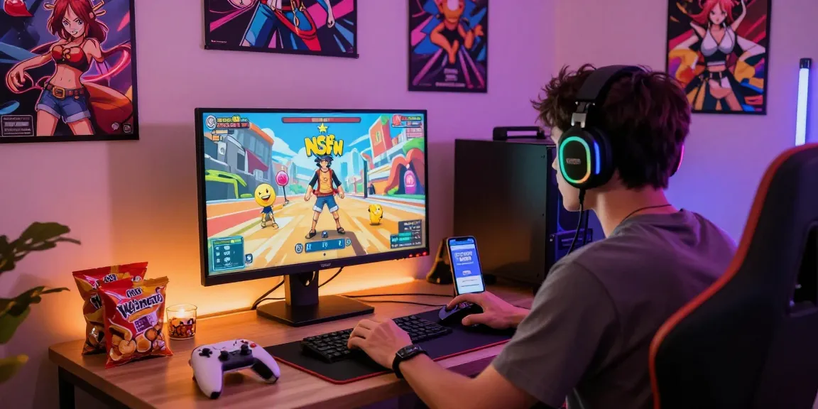 Gamer engrossed in NSFW APK gameplay with vibrant RGB lighting and game-themed decor.