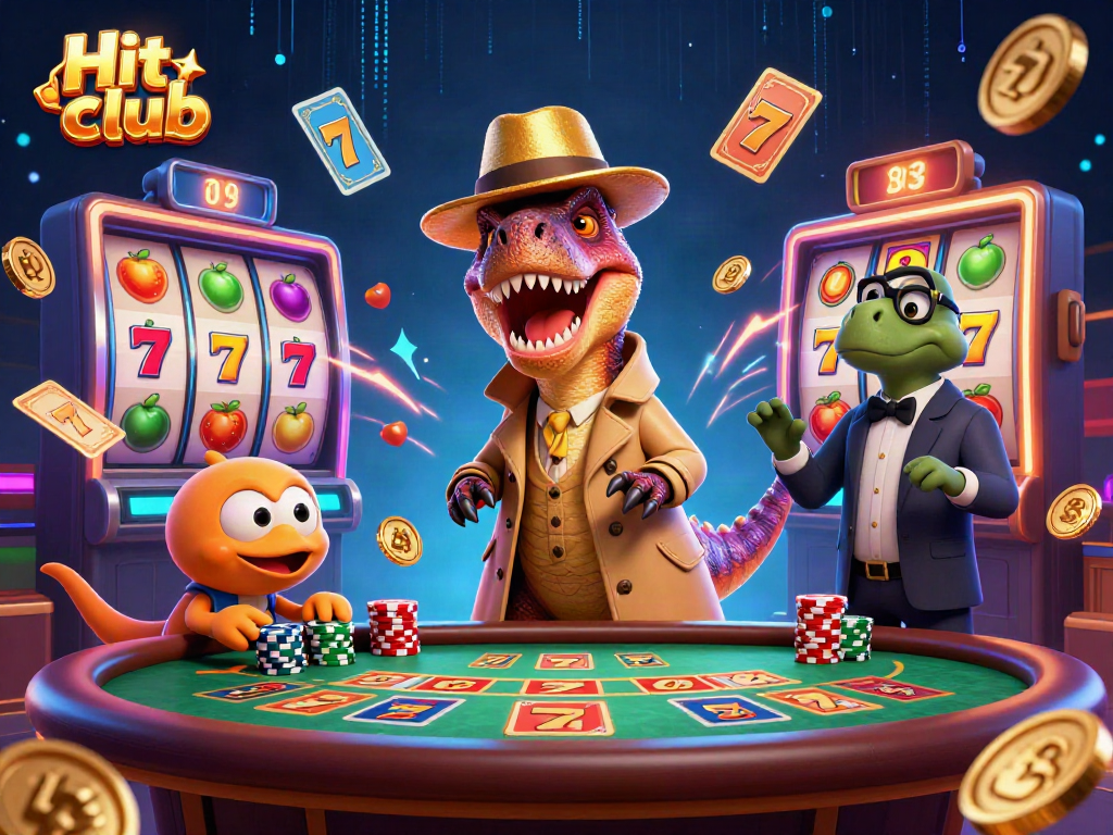 Watch the Hit club velociraptor cleverly navigating a blackjack table, amidst vibrant 3D casino elements.
