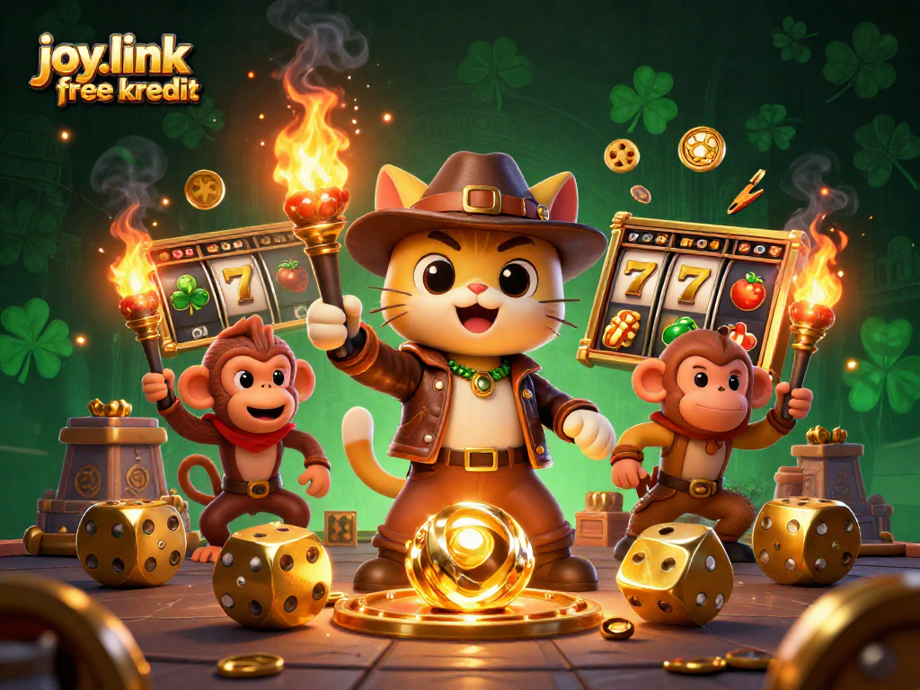 Explore joy.link free kredit with a 3D illustrated cat archaeologist uncovering a casino artifact amidst vibrant slot game elements.