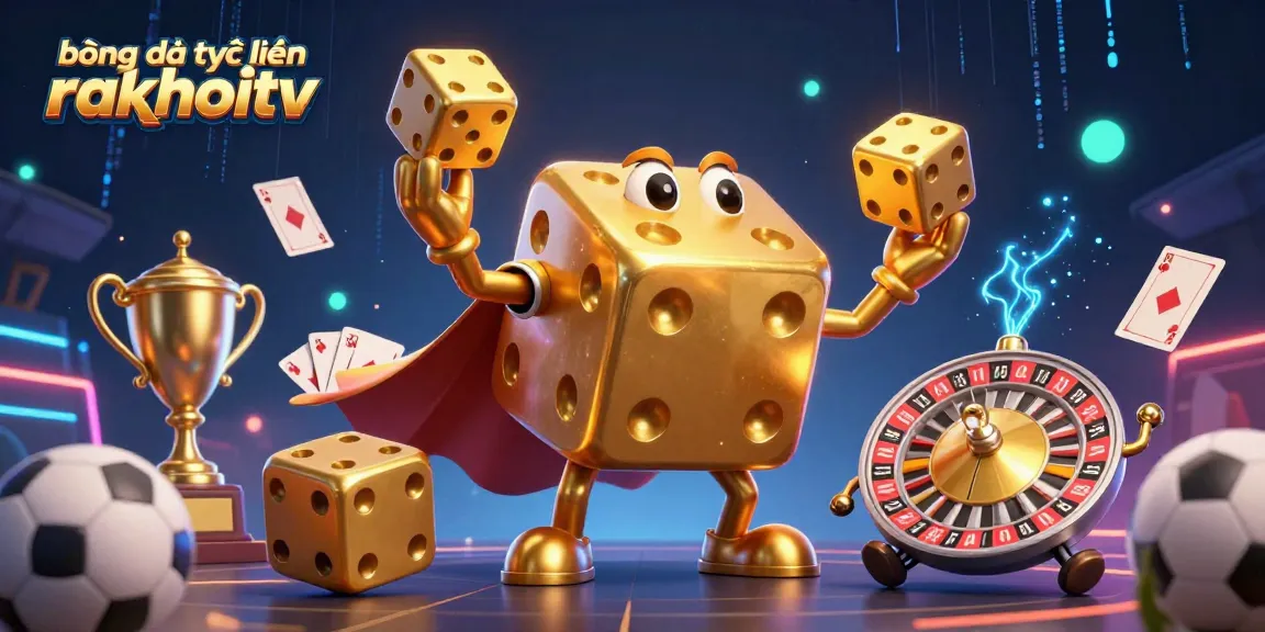 Engage in bóng đá trực tuyến rakhoitv as a dynamic scene unfolds with golden dice, sports elements, and vibrant neon energy.