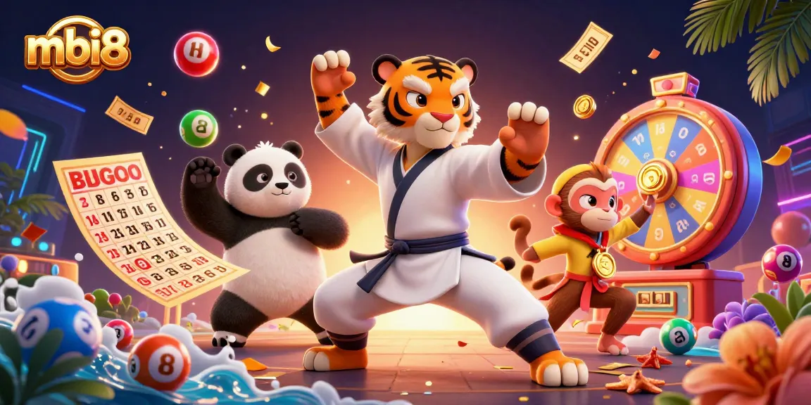 Engage in vibrant games at mbi8 with an illustration of animated characters enjoying lottery and prize wheel fun.