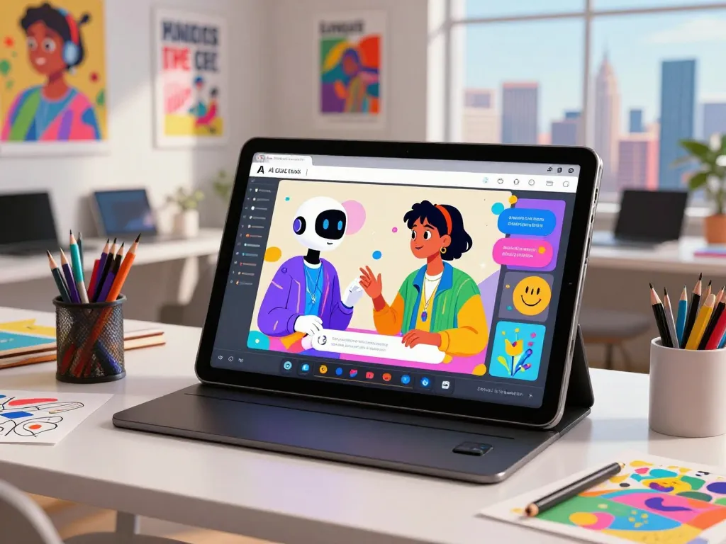 Interactive ai chat nsfw session depicted in a lively digital art studio with designer and AI character on tablet.