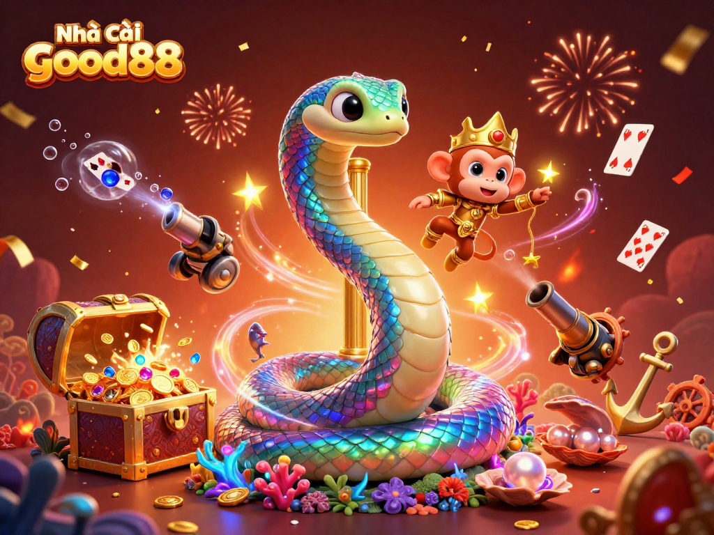 The Nhà cái good88 illustration showcases a vibrant world of gaming with a rainbow serpent and monkey king amidst treasure and playful elements.
