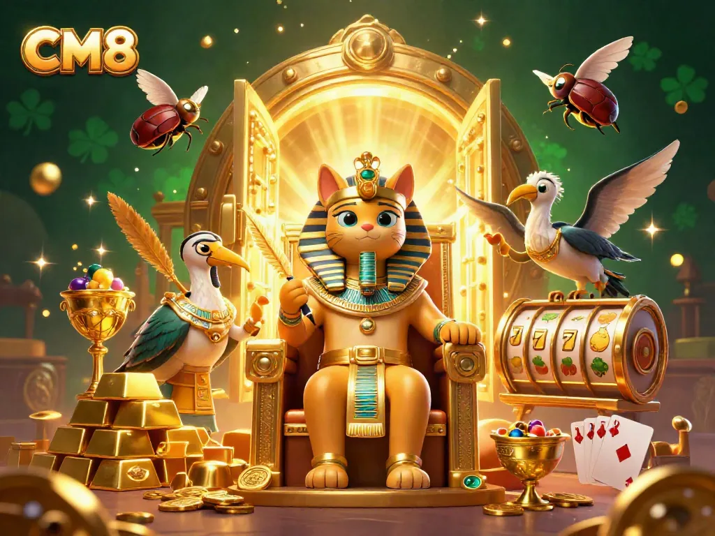 Experience CM8's thrilling casino adventure with Egyptian-themed characters and slot elements