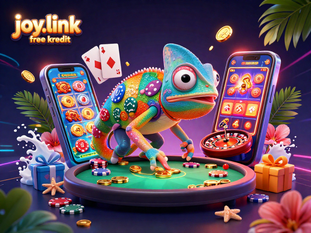 Experience joy.link free kredit with a vibrant casino scene featuring a chameleon owner and exciting game elements.