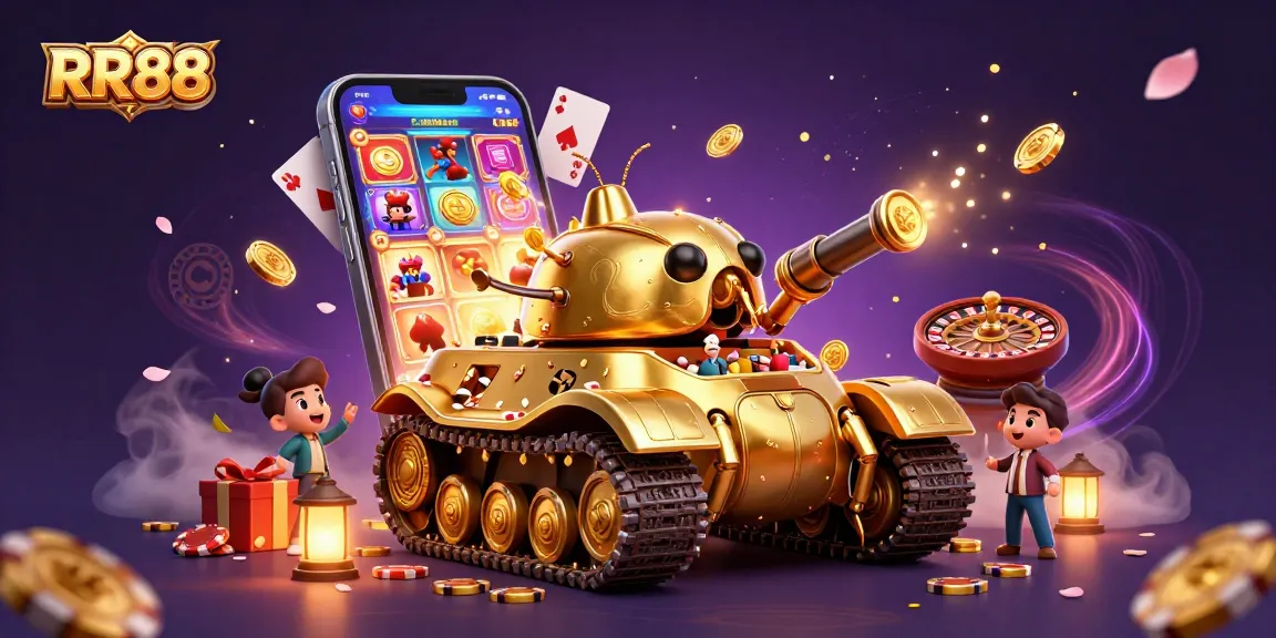 Win exciting games at RR88, featuring a vibrant scene with a golden beetle tank casino.