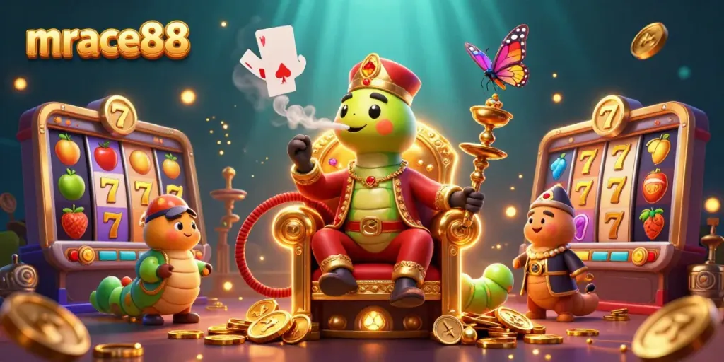 Experience the thrilling magic of mrace88 in a vibrant 3D casino scene with animated slot reels and captivating visuals.