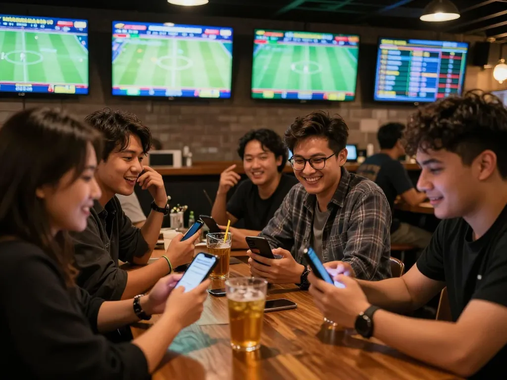 Engaging patrons analyzing kèo nhà cái hôm nay while placing bets at a lively sports bar
