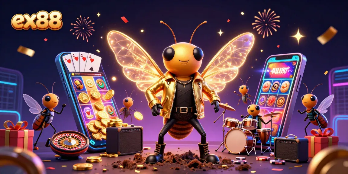 Play exciting games at ex88 with the vibrant scene showcasing slot games and energetic characters.