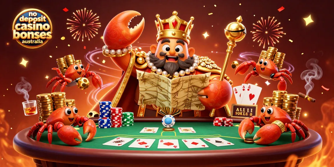 No deposit casino bonuses australia illustrated with a golden crab emperor holding treasures and surrounded by poker elements