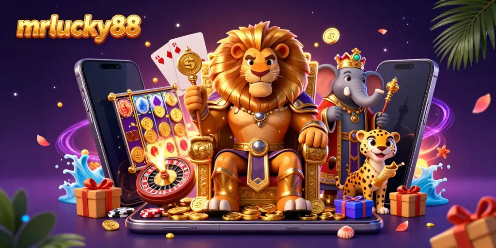 Experience mrlucky88 with a vibrant casino scene featuring a lion king, elephant advisor, and cheetah messenger.