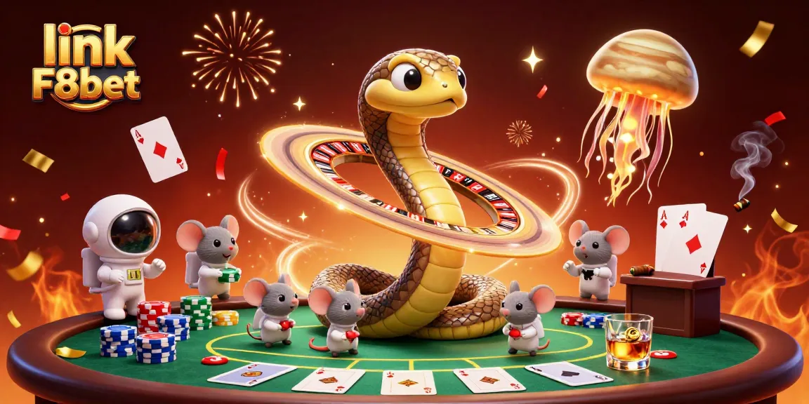 Engage in thrilling bets at link F8bet with a vibrant cosmic casino scene featuring playful astronauts.