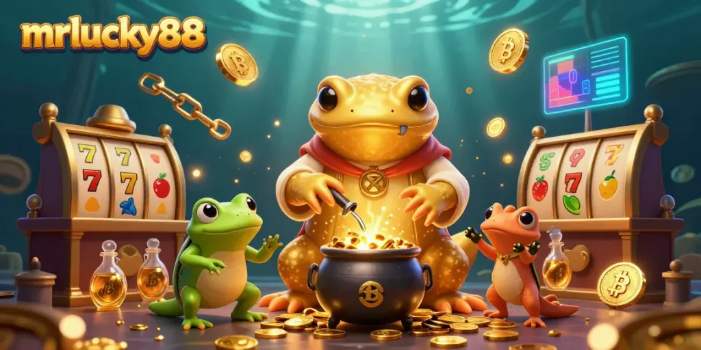 Experience the vibrant magic of MrLucky88 as a golden salamander transforms jewels into gold coins in a lively casino scene.