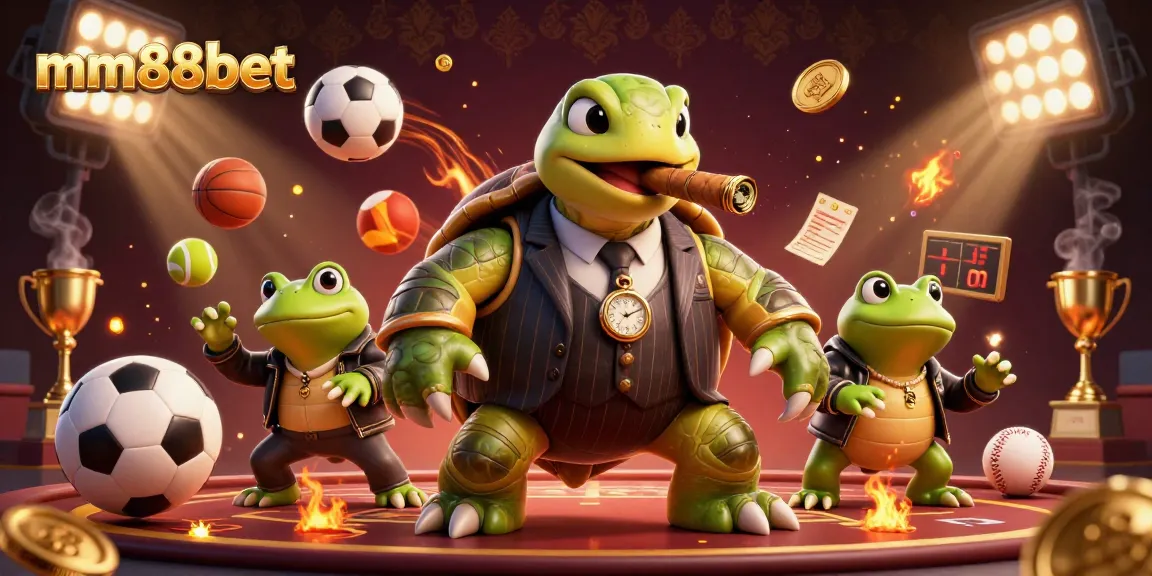 Experience the thrill of mm88bet with a dynamic casino illustration featuring cartoon characters, sports elements, and vibrant lighting.