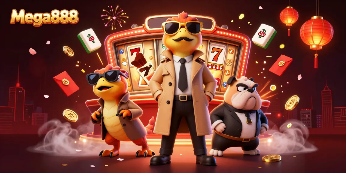 Mega888 showcases excitement with raptors in disguise entering a casino, rich in vivid details.