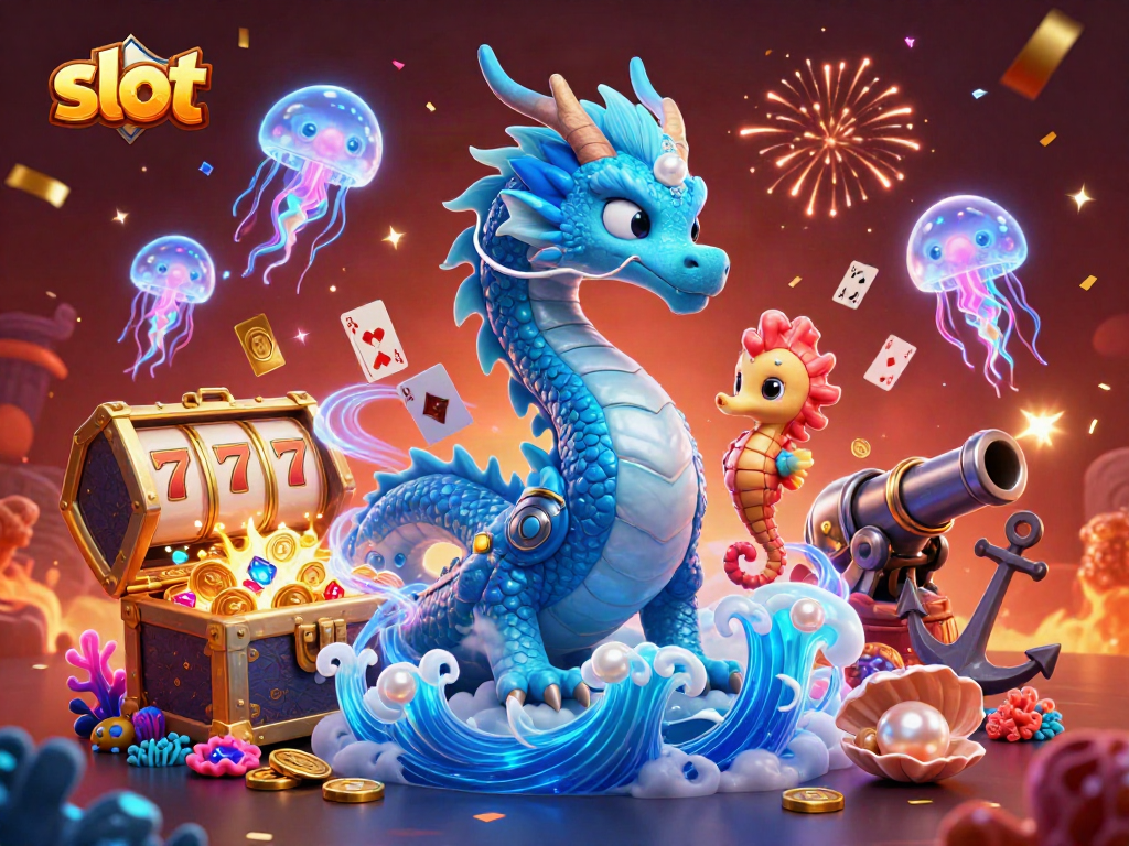 Engage in thrilling slot gameplay with a vivid underwater scene featuring an azure dragon and seahorse knight.