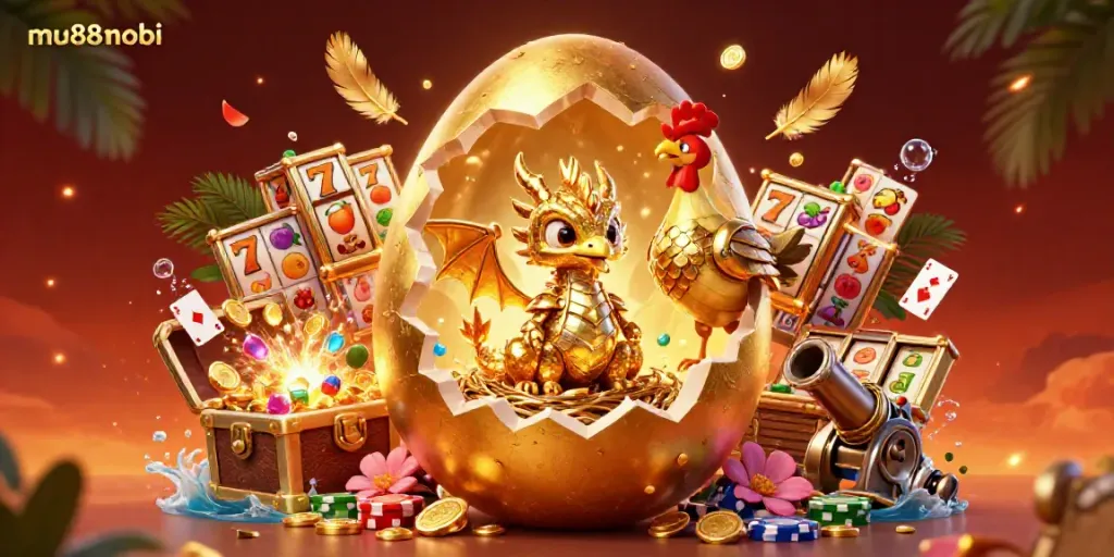 Engage your luck at mu88mobi with a golden dragon on poker chips amidst vibrant slot reels.