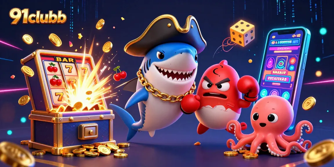 Engage with the thrilling world of 91clubb through a vibrant casino illustration featuring dynamic characters and exciting game elements.