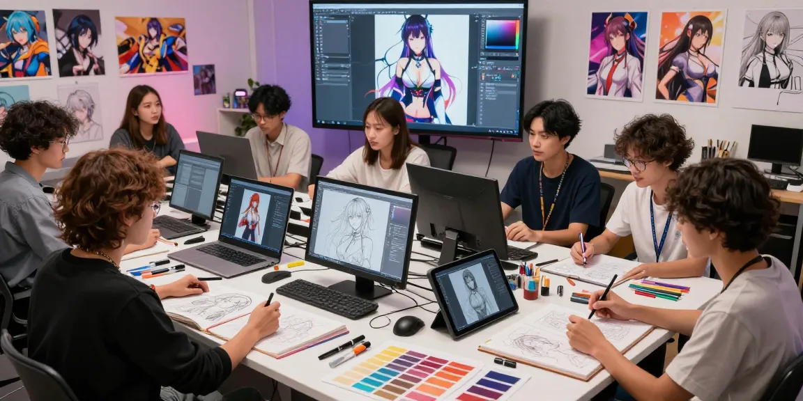 Creating ai ecchi character designs in a collaborative digital art studio.